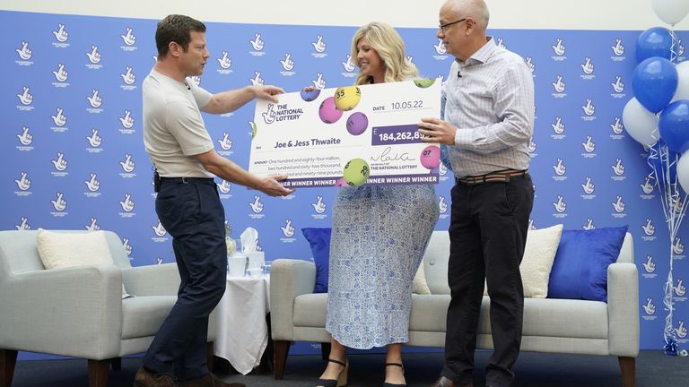 Joe Thwaite, 49, and Jess Thwaite, 46, from Gloucestershire celebrate after winning the record-breaking EuroMillions jackpot of £184M from the draw on Tuesday 10 May, 2022, at the Ellenborough Park Hotel, in Cheltenham, Gloucestershire. Picture date: Thursday May 19, 2022.
