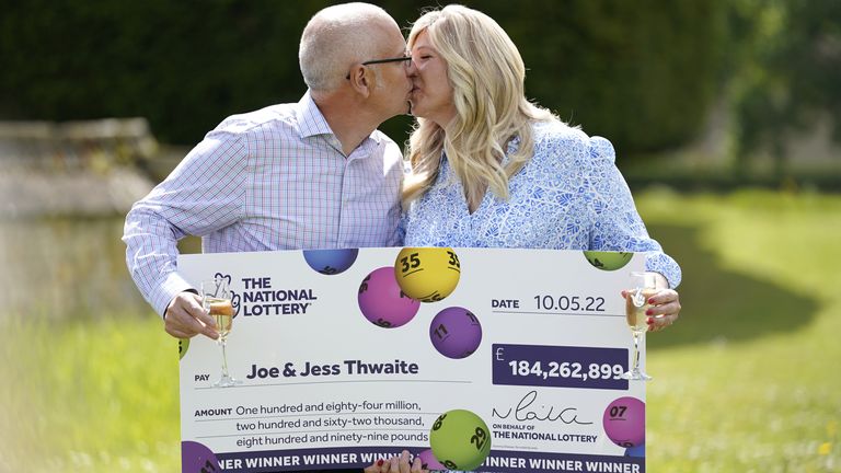 Joe Thwaite, 49, and Jess Thwaite, 46, from Gloucestershire celebrate after winning a record £184 million EuroMillions jackpot from the draw on Tuesday 10 May 2022, at the Ellenborough Park Hotel , in Cheltenham, Gloucestershire.  Date taken: Thursday, May 19, 2022.