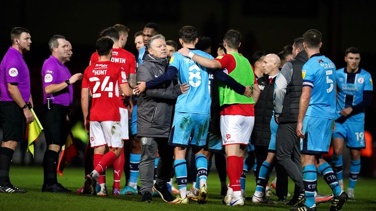 Crawley Town manager John Yems with the players after the Sky Bet League Two match at the County Ground, Swindon. Picture date: Tuesday February 1, 2022.
Read less
Picture by: John Walton/PA Wire/PA Images
Date taken: 01-Feb-2022