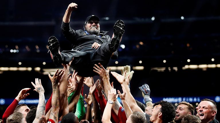 Jurgen Klopp throw into the air by his Liverpool players after the 2019 final