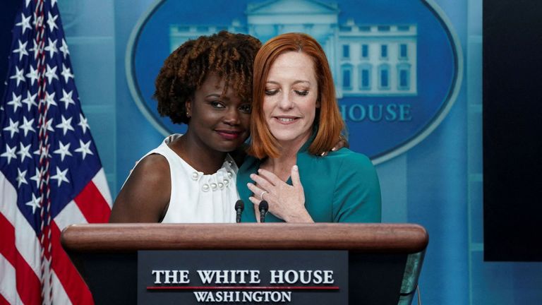 White House Deputy Press Secretary Karine Jean-Pierre is embraced by current White House Press Secretary Jennifer Psaki