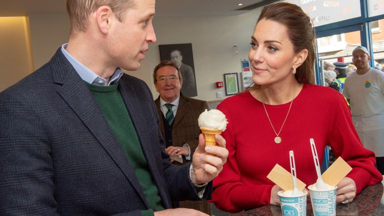 Prince William, Duke of Cambridge and Catherine, Duchess of Cambridge visit Joe’s Ice Cream Parlour where they met a group of local parents and carers to hear about life in the Mumbles, Swansea in south Wales, Britain February 4, 2020. Arthur Edwards/Pool via REUTERS