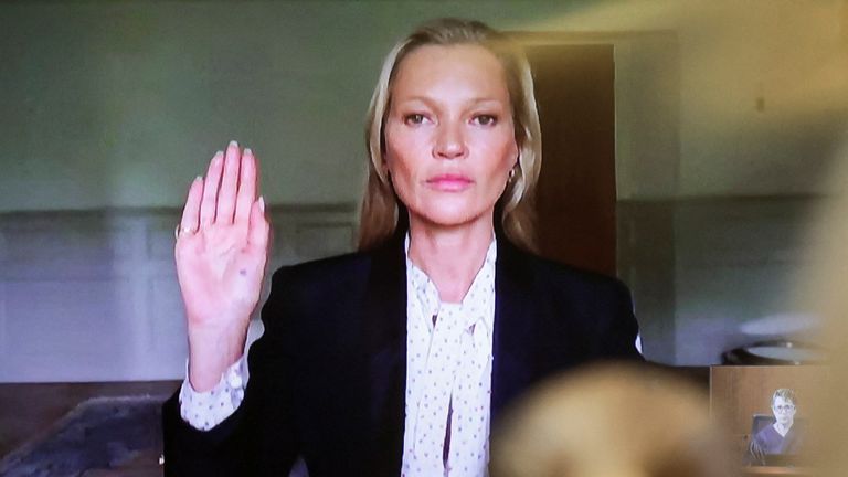 Model Kate Moss, a former girlfriend of actor Johnny Depp, is sworn in to testify via video link during Depp&#39;s defamation trial against his ex-wife Amber Heard, at the Fairfax County Circuit Courthouse in Fairfax, Virginia, U.S., May 25, 2022. REUTERS/Evelyn Hockstein/Pool