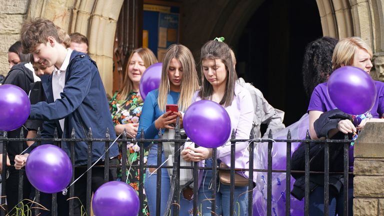 Mourners arrive for the funeral of murdered mother of two Katie Kenyon, whose body was found in the Forest of Gisburn, six days after she went missing, at St Leonard&#39;s Church, Padiham, near Burnley in Lancashire. Picture date: Friday May 20, 2022.
