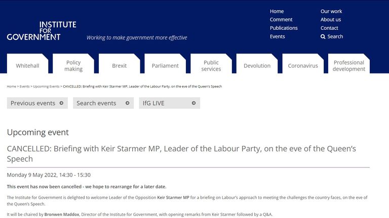 The Institute for Government announcement that its event which features a speech by Labour Leader Keir Starmer has been cancelled. Pic: Institute for Government website