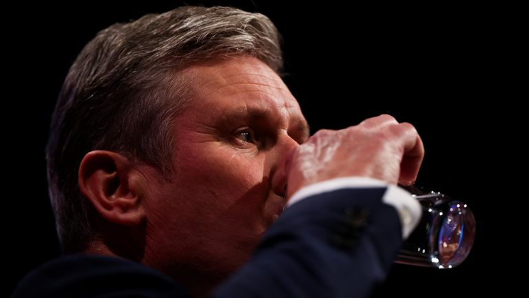 Britain&#39;s Labour Party leader Keir Starmer drinks water during his speech at Britain&#39;s Labour Party annual conference in Brighton, Britain, September 29, 2021. REUTERS/Henry Nicholls