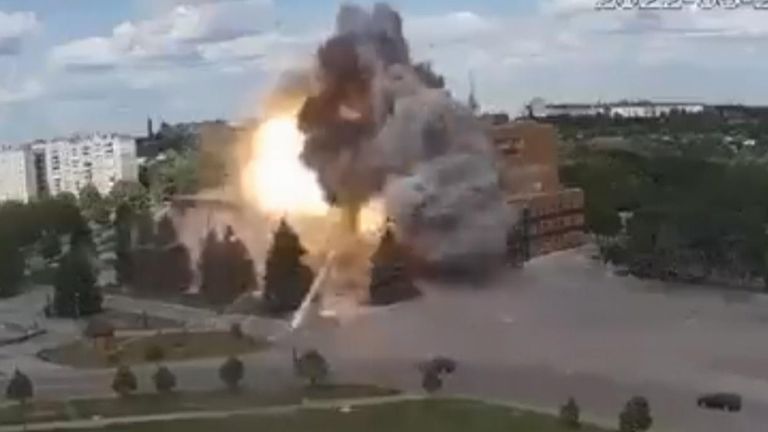 This video shows an explosion and has been located by Sky News to a cultural centre in Lozova, Kharkiv Oblast, Ukraine. The timestamp on the CCTV footage is dated as Friday 20 May 2022. Pic: Twitter via digi desk. Cleared Jack Taylor