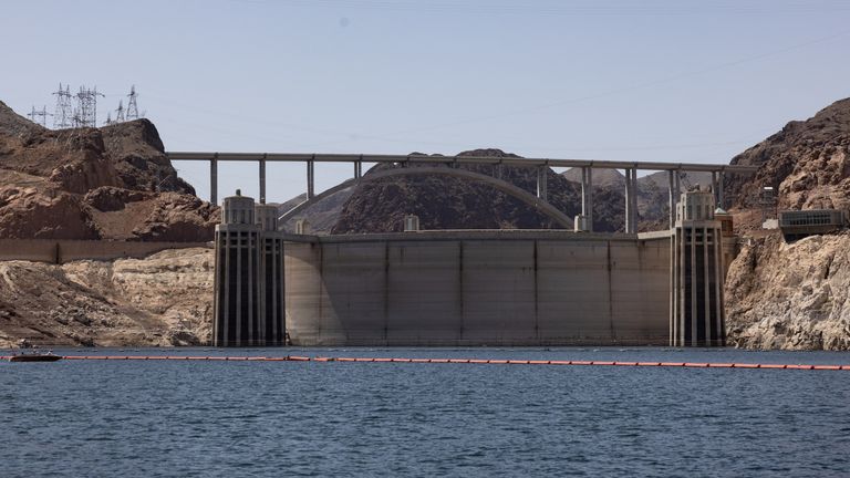 The Hoover dam is seen from Lake Mead