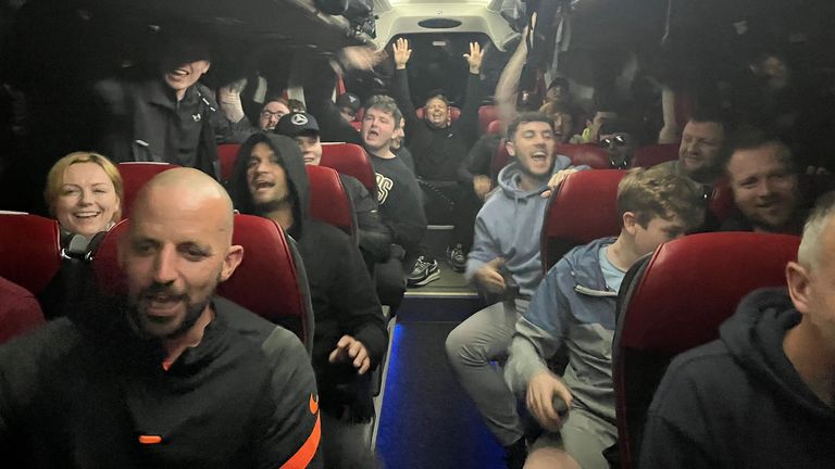 Liverpool fans in the coach provided by Simon Wilson with his coach that transported dozens of supporters to Paris for just £1 each ahead of the Champions League final