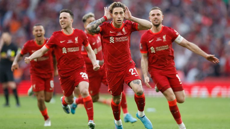 Kostas Tsimikas and teammates celebrate his winning penalty