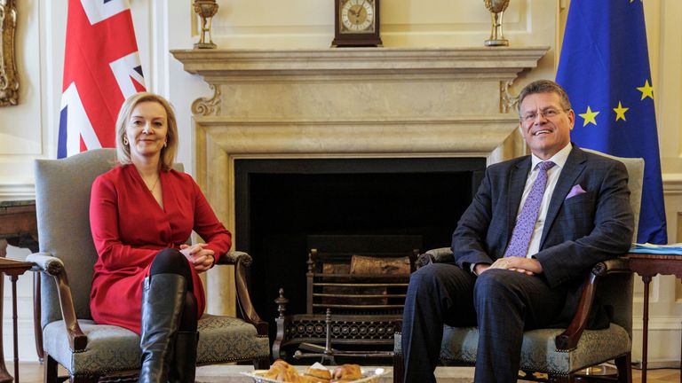 European Commission Vice-President for Interinstitutional Relations Maros Sefcovic and British Foreign Secretary Liz Truss attend a meeting in London, Britain February 11, 2022. Rob Pinney/Pool via REUTERS