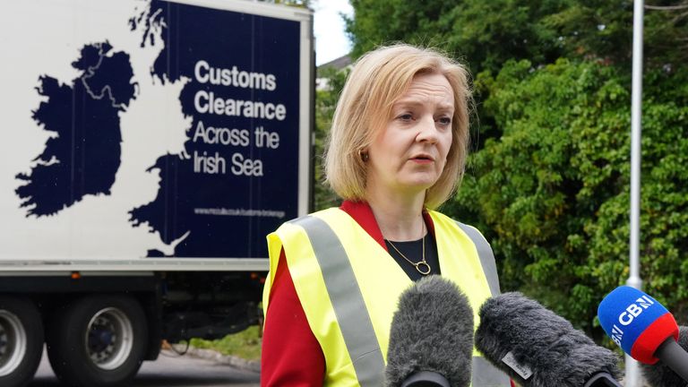 Foreign Secretary Liz Truss during a visit to McCulla Haulage, in Lisburn, Northern Ireland, to discuss the NI protocol with businesses. Picture date: Wednesday May 25, 2022.
