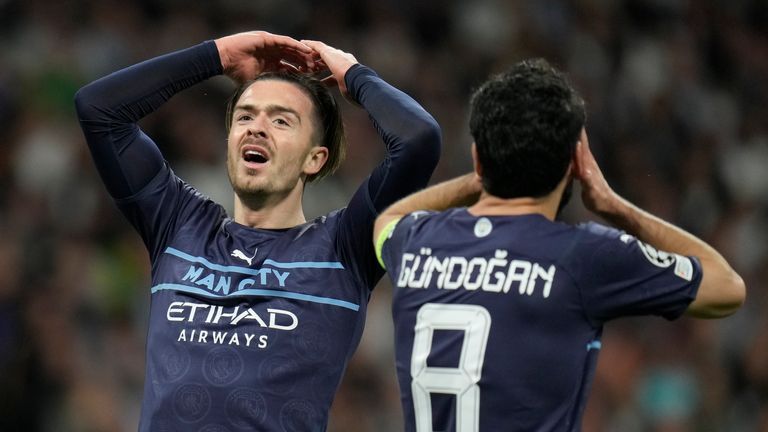 Manchester City&#39;s Jack Grealish, center, and Ilkay Gundogan during the Champions League semi-final against Real Madrid. Pic: Ap