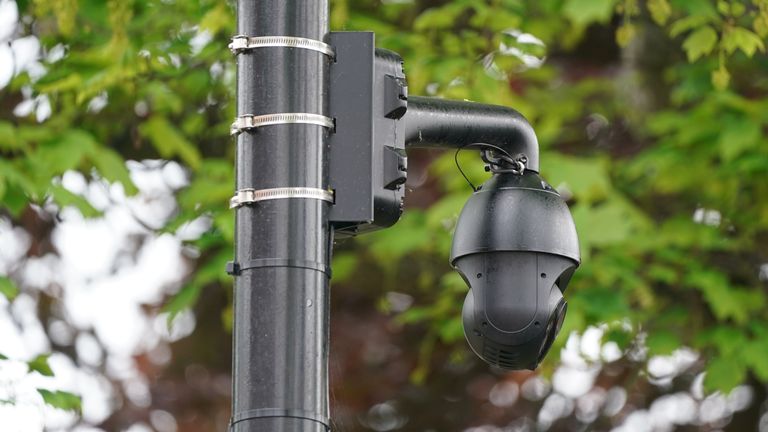 A council CCTV camera which overlooks a statue of Baroness Margaret Thatcher installed in her home town of Grantham, Lincolnshire.