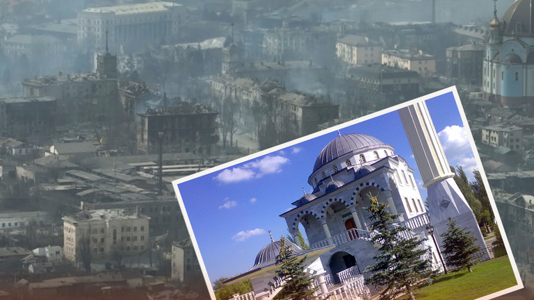Postcard in Ukraine showing the before and after of a mosque in Mariupol following an attack. Pic: Ukrainian Institute