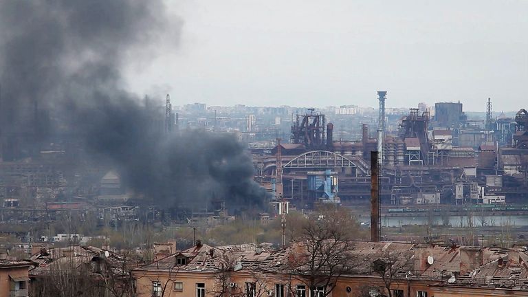 Smoke rises from the steel works in Mariupol. Pic: Associated Press
