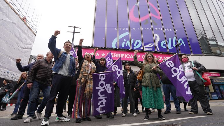 Maureen Beattie (centre-right) joins union members from Equity and Bectu demonstrating outside the Gillian Lynne Theatre in Drury Lane, London, following the announcement that the West End production of the musical Cinderella is to close on June 12, less than a year after its premiere. Picture date: Tuesday May 3, 2022.
