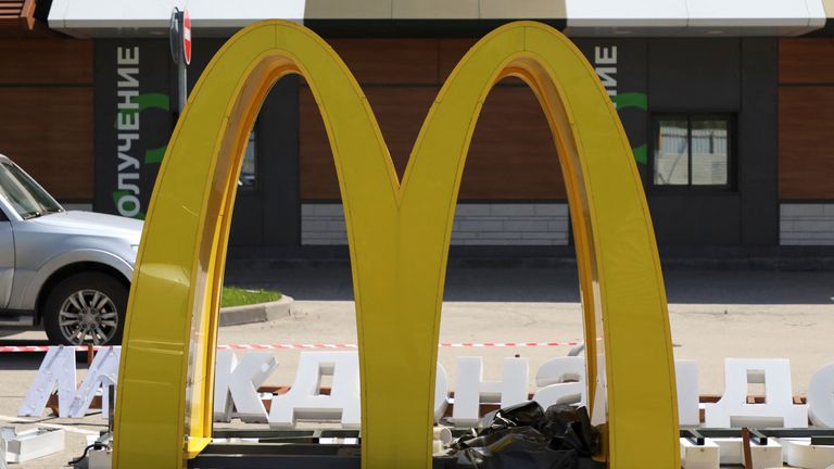 Dismantled McDonald&#39;s Golden Arches after the logo signage was removed from a drive-through restaurant of McDonald&#39;s in Khimki outside Moscow, Russia