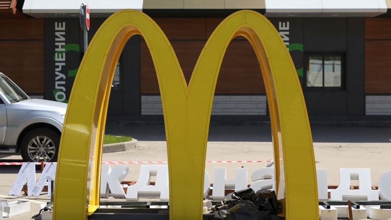 McDonald's golden dome is removed after the logo sign was removed from a McDonald's drive-by restaurant in Khimki, a suburb of Moscow, Russia