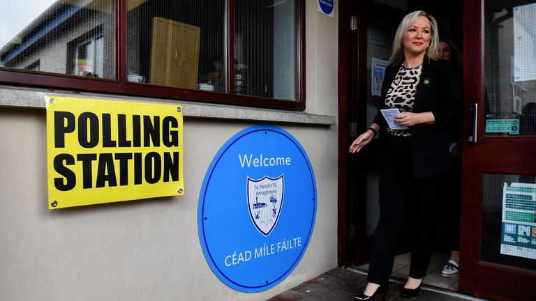 Sinn Fein deputy leader Michelle O’Neill attends to vote on the day of the Northern Ireland Assembly elections, at a polling station in Coalisland, Northern Ireland May 5, 2022. REUTERS/Clodagh Kilcoyne
