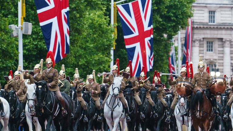 Troops from the Household Cavalry on The Mall, during a morning rehearsal as service personnel of the , while members of the Royal Navy, British Army and Royal Air Force perform one last morning rehearsal in London ahead of Sunday's Platinum Jubilee Pageant, which will mark the end of the Platinum Jubilee Weekend.  Picture date: Tuesday May 31, 2022.