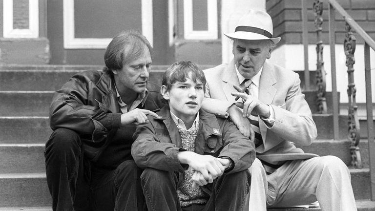 Dennis Waterman (L) and the cast of Minder in 1985
