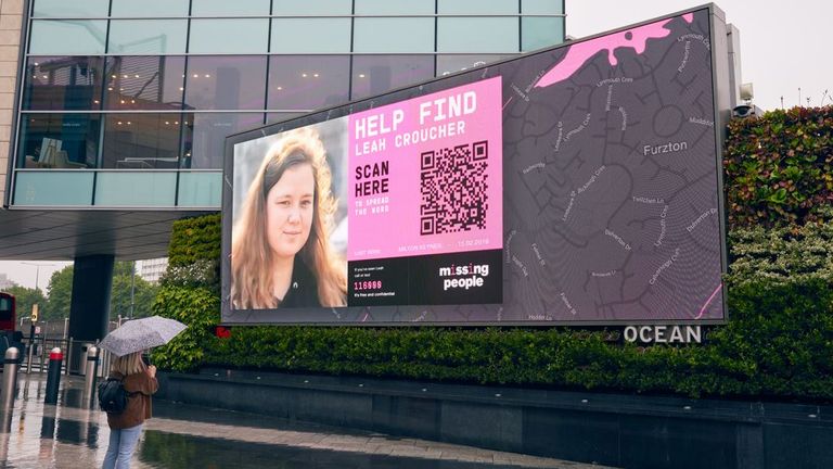 FORBIDDEN 0001 WEDNESDAY, MAY 25 Undated promotional photo by Missing People of Leah Croucher billboard in Westfield, London.  The posters and billboards of the missing have been updated, with experts turn to science and technology make them more memorable.  The charity organization Missing People hopes that changes maximizes chance of    in public attraction with posters and act.  Release date: Wednesday, May 25, 2022
