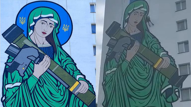 The mural was vandalised with the Virgin Mary&#39;s halo painted over, according to Kailas-V. Pic Kailas-V