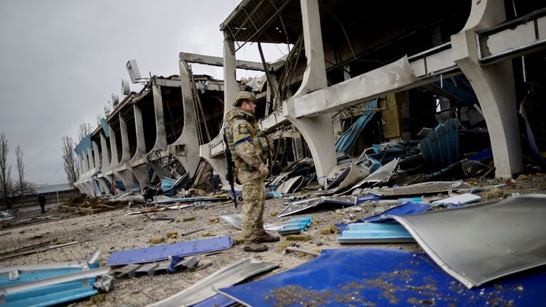 A view of the Ukrainian Mykolaiv international airport destroyed following shelling, amid Russia&#39;s invasion on Ukraine, in Mykolaiv, Ukraine, April 8, 2022. REUTERS/Ueslei Marcelino