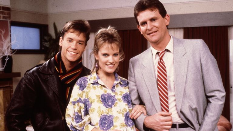 Guy Pearce as Mike, Elaine Smith as Daphne and Paul Keane as Des in Neighbours