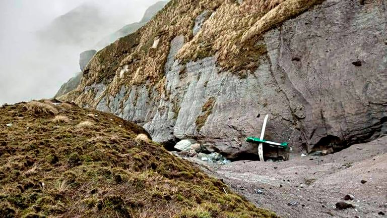 The wreckage of a plane in a gorge in Sanosware in Mustang district, Nepal. Pic: AP