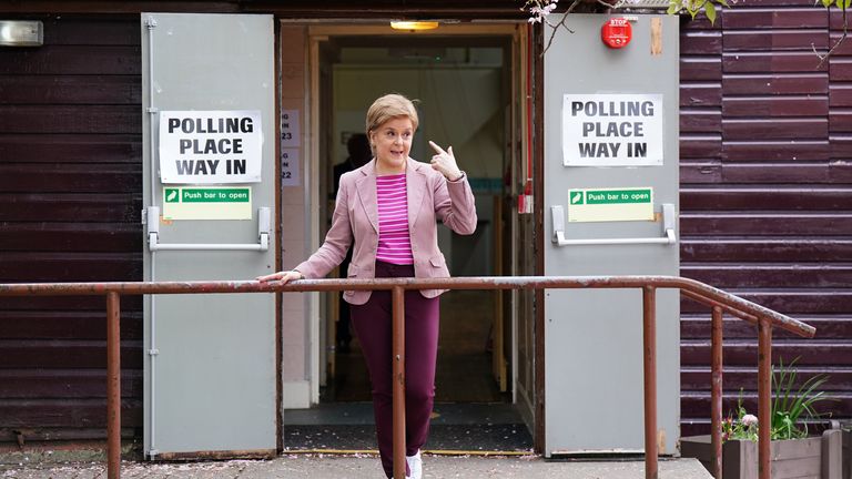 First Minister Nicola Sturgeon outside the Broomhouse Community Hall polling station, Glasgow, as voting begins in the local government elections. Picture date: Thursday May 5, 2022.
