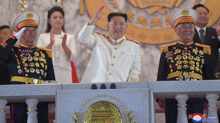 Mr Kim watches a military parade to mark the 90th anniversary of North Korea&#39;s army on 25 April. Pic: KNCA/AP