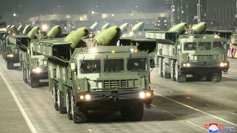 Missile vehicles take part in a parade to mark the 90th anniversary of the founding of the Korean People&#39;s Revolutionary Army