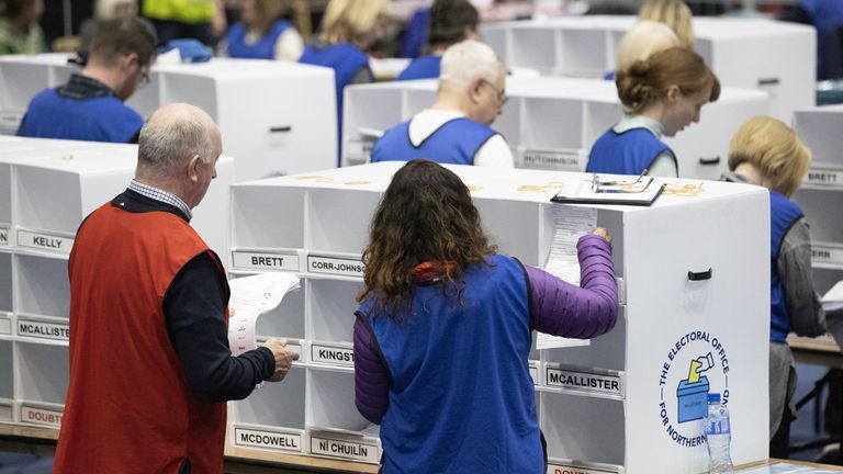 Counting continues for the Belfast North constituency of the Northern Ireland Assembly Election at the Titanic Exhibition Centre in Belfast.