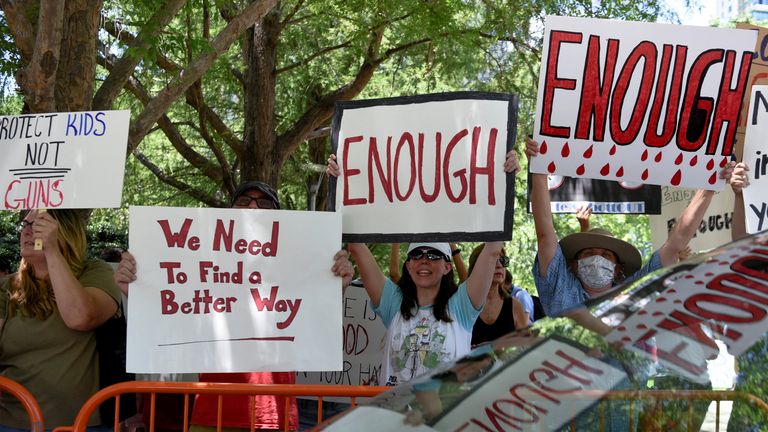 People protest the National Rifle Association (NRA) annual convention in Houston, Texas, U.S. May 27, 2022. REUTERS/Callaghan O&#39;Hare