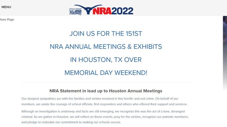 NRA issues condolences message ahead of its annual Houston meet, just days after the school shooting in Uvalde, Texas that claimed the lives of 21 people including 19 students and two teachers. Pic: NRA website