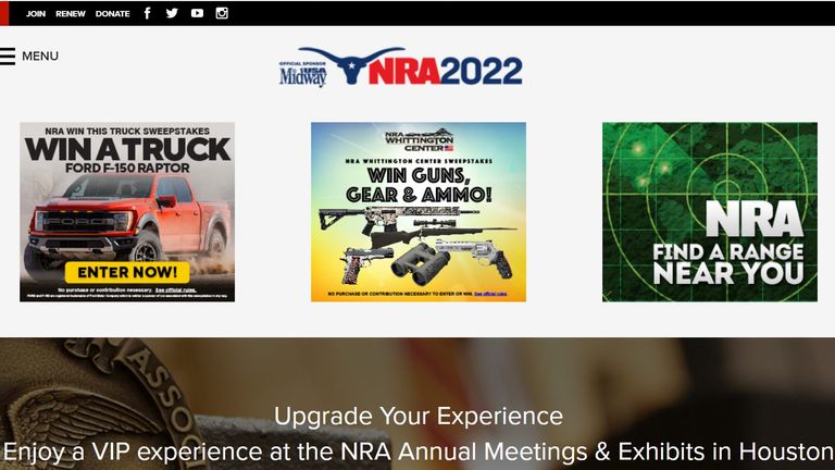 Website advertising for the National Rifle Association 2022 convention in Houston Texas, three days after the school shooting in Uvalde. Pic: NRA website