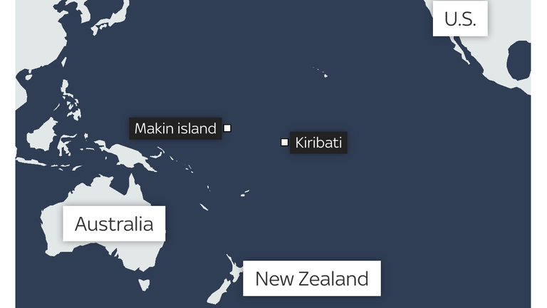 Remote Pacific nation of Kiribati, South of Hawaii