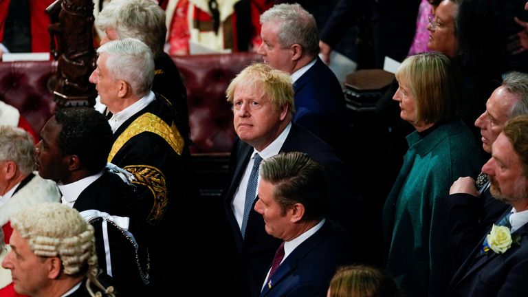 Britain&#39;s Prime Minister Boris Johnson attends the State Opening of Parliament at the Palace of Westminster in the Houses of Parliament in London, Britain, May 10, 2022. Alastair Grant/Pool via REUTERS
