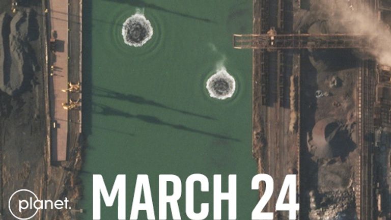 Two shells appear to have hit the water on the western perimeter of the Azovstal site on March 24.