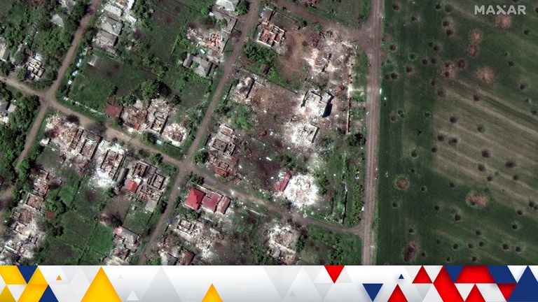 A satellite image shows destroyed homes and buildings from artillery bombardments, amid Russia&#39;s invasion of Ukraine, in Popasna. Pic: Maxar Technologies