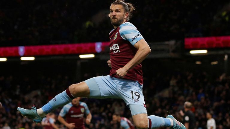 Burnley&#39;s Jay Rodriguez celebrates scoring at their premiere league match against Everton in April