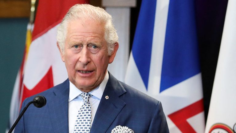 Britain&#39;s Prince Charles addresses as he and Camilla, Duchess of Cornwall arrive for their Canadian 2022 Royal Tour in St. John&#39;s, Newfoundland, Canada May 17, 2022. REUTERS/Carlos Osorio