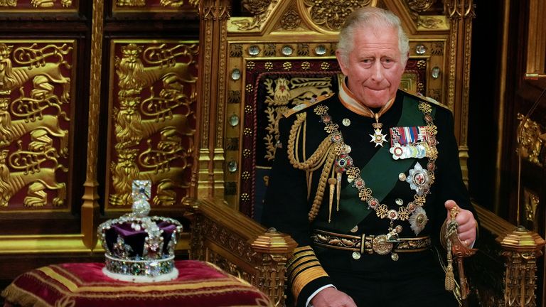 Britain&#39;s Prince Charles sits next to the Queen&#39;s crown during the State Opening of Parliament, at the Palace of Westminster in London, Britain May 10, 2022. Alastair Grant/Pool via REUTERS
