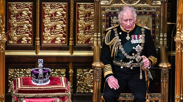 The Prince of Wales sits by the Imperial State Crown during the State Opening of Parliament in the House of Lords, London. Picture date: Tuesday May 10, 2022.