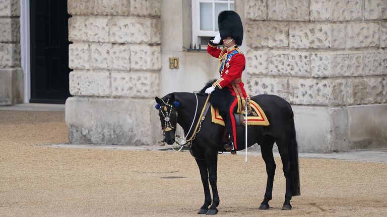 The Duke of Cambridge, Colonel of the Irish Guards, during the Colonel&#39;s Review, the final rehearsal of the Trooping the Colour, the Queen&#39;s annual birthday parade, at Horse Guards Parade in London. Picture date: Saturday May 28, 2022.