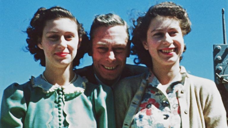 Princess Margaret and Princess Elizabeth, right, with their father King George VI onboard HMS Vanguard in 1947