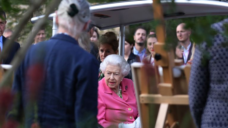 Queen Elizabeth II sitting in a buggy during a visit by members of the royal family to the RHS Chelsea Flower Show 2022, at the Royal Hospital Chelsea, in London. Picture date: Monday May 23, 2022.
