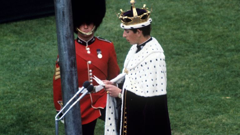 The Prince of Wales reading a speech during his investiture at Caernarfon Castle